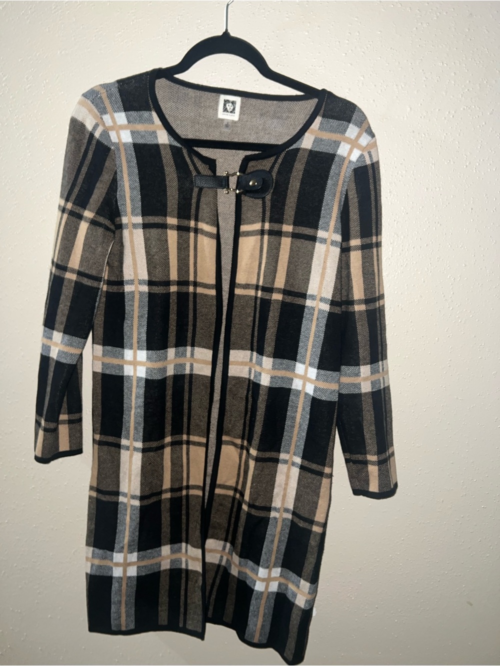 Danny & Nicole Black and Beige Plaid Buckle Front Cardigan